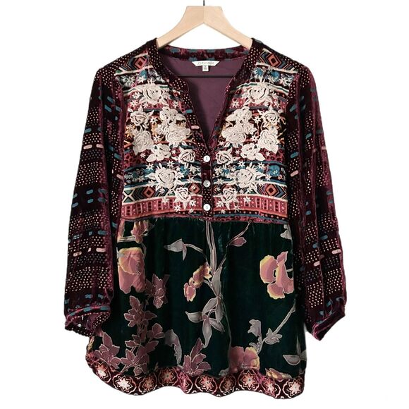 John Mark Floral Embroidered Velvet Blouse in Burgundy Size Small - Picture 1 of 5